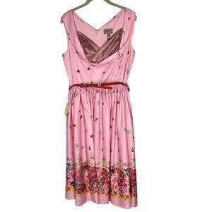 Lindy Bop Women’s Size 8 Pink Floral Print Sleeveless Fit Flare Dress Belted NEW
